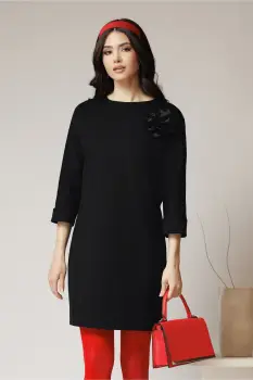 Rochie DY Fashion office din jerse neagra cu floare maxi pe bust imagine