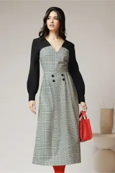 Rochie DY Fashion office din stofa alba cu imprimeu pepit si maneci negre imagine