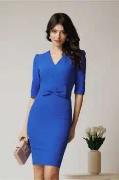 Rochie DY Fashion office din stofa albastra cu funda in talie imagine