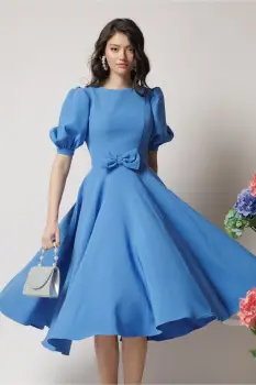 Rochie DY Fashion office din stofa bleu cu funda in talie imagine