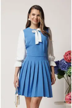 Rochie DY Fashion office din stofa bleu cu maneci din voal si funda pe bust imagine