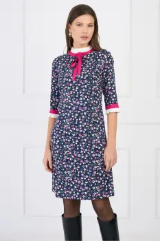 Rochie DY Fashion office din stofa bleumarin cu flori fucsia si mansete din poplin imagine