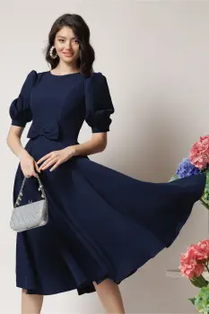 Rochie DY Fashion office din stofa bleumarin cu funda in talie imagine