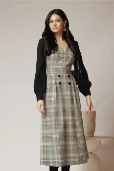 Rochie DY Fashion office din stofa cu carouri bej si maneci negre imagine