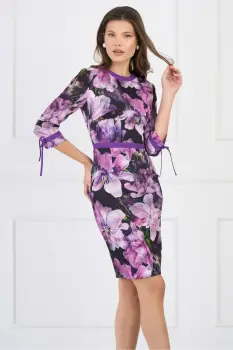 Rochie DY Fashion office din stofa cu print mov si banda decorativa in talie imagine