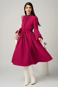 Rochie DY Fashion office din stofa fucsia cu benzi decorative si snur in talie imagine