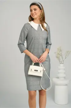 Rochie DY Fashion office din stofa gri cu carouri bleu si guler alb imagine