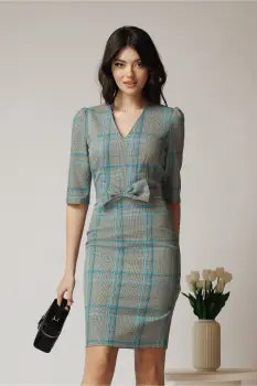 Rochie DY Fashion office din stofa gri cu carouri turcoaz si funda in talie imagine