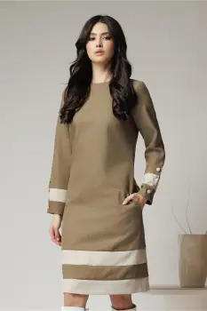 Rochie DY Fashion office din stofa kaki cu benzi bej imagine