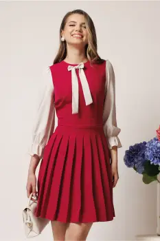 Rochie DY Fashion office din stofa magenta cu maneci din voal si funda pe bust imagine