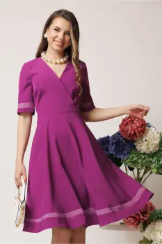 Rochie DY Fashion office din stofa mov cu benzi lila imagine