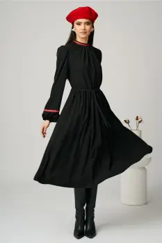 Rochie DY Fashion office din stofa neagra cu benzi decorative si snur in talie imagine