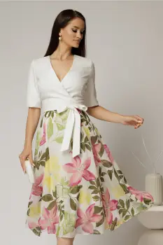Rochie DY Fashion office din stofa si voal ivoar cu imprimeu pe fusta imagine