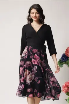 Rochie DY Fashion office din stofa si voal neagra cu imprimeu pe fusta imagine