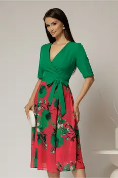 Rochie DY Fashion office din stofa si voal verde cu imprimeu pe fusta imagine