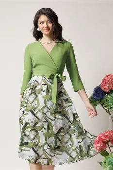 Rochie DY Fashion office din stofa si voal verde cu imprimeu pe fusta imagine