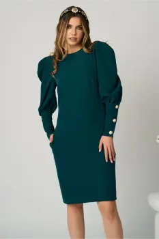 Rochie DY Fashion office din stofa verde cu nasturi pe maneci imagine