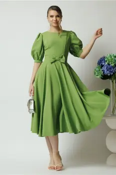 Rochie DY Fashion office din stofa verde fistic cu funda in talie imagine