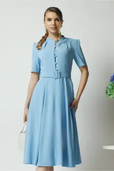 Rochie DY Fashion office din triplu voal bleu cu nasturi la bust si curea in talie imagine