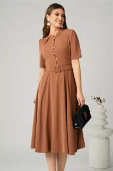 Rochie DY Fashion office din triplu voal maro cu nasturi la bust si curea in talie imagine