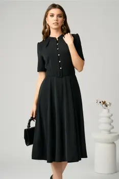 Rochie DY Fashion office din triplu voal neagra cu nasturi la bust si curea in talie imagine