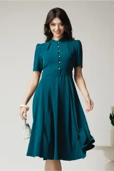 Rochie DY Fashion office din triplu voal verde cu nasturi la bust si curea in talie imagine