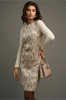 Rochie DY Fashion office din tweed bej cu bleumarin imagine