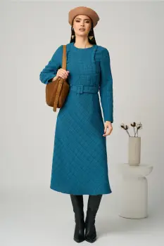 Rochie DY Fashion office din tweed turcoaz cu nasturi pe bust si curea in talie imagine