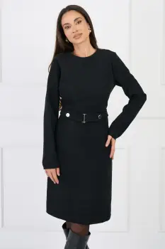 Rochie DY Fashion office din velur neagra cu nasturi in talie imagine