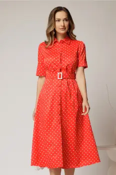Rochie DY Fashion rosie cu buline tip camasa si curea in talie imagine
