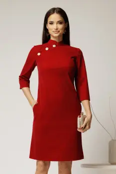 Rochie DY Fashion rosie din catifea fixa cu guler tunica si nasturi imagine