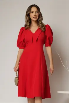 Rochie DY Fashion rosie in clini cu guler ascutit si maneci scurte bufante imagine