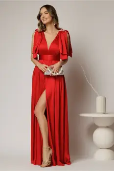 Rochie DY Fashion rosie lunga de seara cu decolteu adanc si funde ample imagine