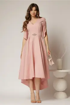 Rochie DY Fashion roz asimetrica cu maneci lalea si aplicatie pe talie imagine