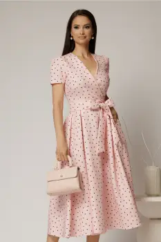Rochie DY Fashion roz cu buline cu decolteu petrecut si cordon in talie imagine