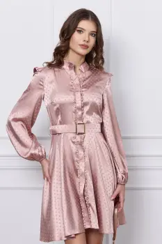 Rochie Dy Fashion roz cu buline si curea in talie imagine
