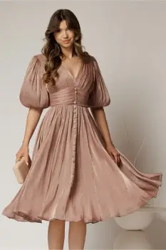 Rochie DY Fashion roz cu decolteu adanc si nasturi din voal peliculizat imagine