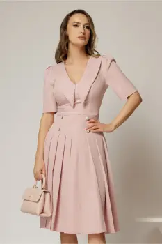 Rochie DY Fashion roz cu decolteu cu guler ascutit si fusta plisata imagine