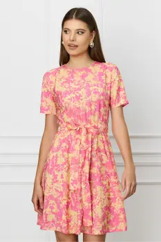 Rochie Dy Fashion roz cu imprimeu galben si cordon in talie imagine
