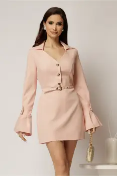 Rochie DY Fashion roz cu maneci evazate si decolteu cu guler imagine