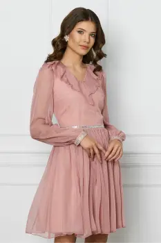 Rochie DY Fashion roz cu volan si strasuri imagine