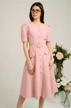 Rochie Dy Fashion roz de zi cu nasturi si curea in talie imagine