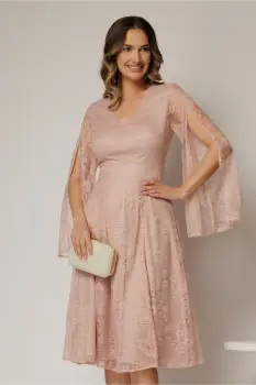 Rochie DY Fashion roz din dantela cu maneci lungi crapate si decolteu in V imagine