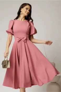 Rochie DY Fashion roz din stofa in clos cu funda in talie imagine