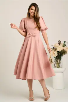 Rochie DY Fashion roz din stofa in clos cu funda in talie imagine