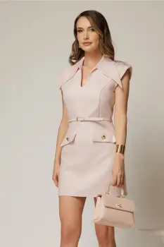 Rochie DY Fashion roz din tweed subtire cu fir lurex si guler ascutit imagine