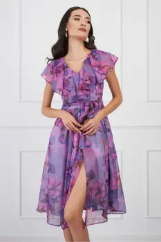 Rochie DY Fashion roz din voal cu imprimeu mov si cordon in talie imagine