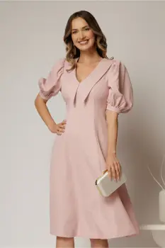 Rochie DY Fashion roz in clini cu guler ascutit si maneci scurte bufante imagine