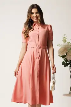 Rochie DY Fashion roz in clos cu nasturi si curea in talie imagine