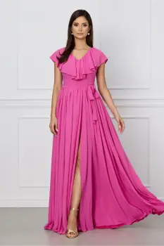 Rochie Dy Fashion roz lunga cu volan la bust si cordon in talie imagine